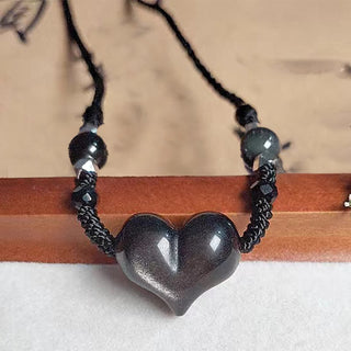 Buddha Gift Natural Silver Sheen Obsidian Heart Protection Necklace Pendant