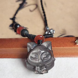 Buddha Gift Natural Silver Sheen Obsidian Nine Tailed Fox Protection Necklace Pendant