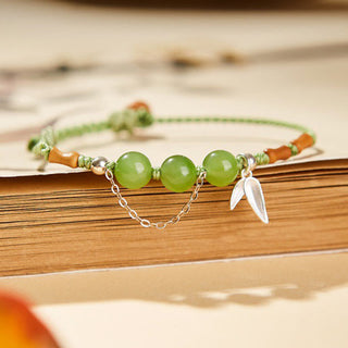 Buddha Gift 925 Sterling Silver Bamboo Leaves Hetian Jade Chalcedony Beads Blessing Braided Bracelet