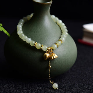Buddha Gift Natural Hetian Jade Lotus Luck Bracelet