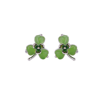 Buddha Gift 925 Sterling Silver Enamel Hetian Jade Shamrock Luck Earrings
