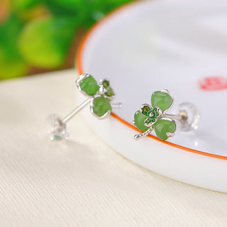 Buddha Gift 925 Sterling Silver Enamel Hetian Jade Shamrock Luck Earrings