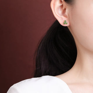 Buddha Gift 925 Sterling Silver Enamel Hetian Jade Shamrock Luck Earrings