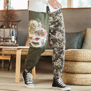 Buddha Gift Dragon Pattern Two-tone Men's Pants With Pockets