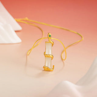Buddha Gift Hetian Jade 925 Sterling Silver Year of the Snake Bamboo Growth Necklace Pendant