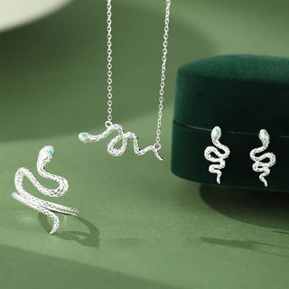 Buddha Gift 925 Sterling Silver Year of the Snake Calm Necklace Pendant Ring Earrings Set