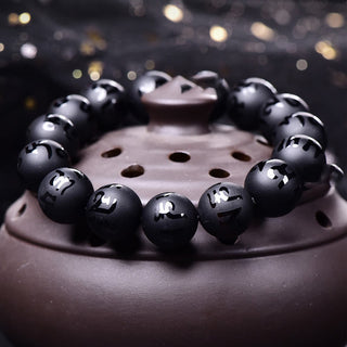 Buddha Gift Natural Black Onyx Om Mani Padme Hum Carved Protection Bracelet