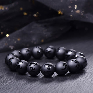 Buddha Gift Natural Black Onyx Om Mani Padme Hum Carved Protection Bracelet