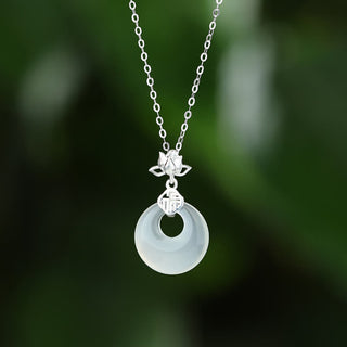 Buddha Gift Chalcedony 925 Sterling Silver Lotus Flower Fu Character Peace Buckle Positive Necklace Pendant