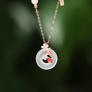 Buddha Gift Chalcedony Pink Crystal 925 Sterling Silver Flowers Koi Fish Peace Buckle Positive Necklace Pendant
