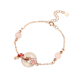 Buddha Gift Chalcedony Pink Crystal 925 Sterling Silver Flowers Koi Fish Peace Buckle Positive Bracelet