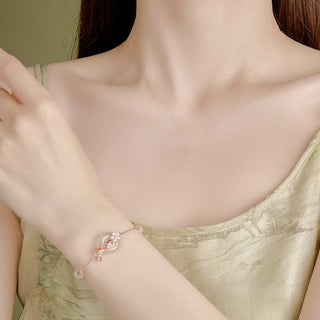 Buddha Gift Chalcedony Pink Crystal 925 Sterling Silver Flowers Koi Fish Peace Buckle Positive Bracelet