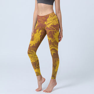 Buddha Gift Golden Dragon Flowers Print Gym Leggings Women's Yoga Pants