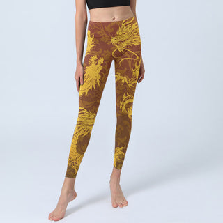 Buddha Gift Golden Dragon Flowers Print Gym Leggings Women's Yoga Pants