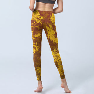 Buddha Gift Golden Dragon Flowers Print Gym Leggings Women's Yoga Pants