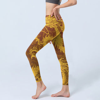 Buddha Gift Golden Dragon Flowers Print Gym Leggings Women's Yoga Pants