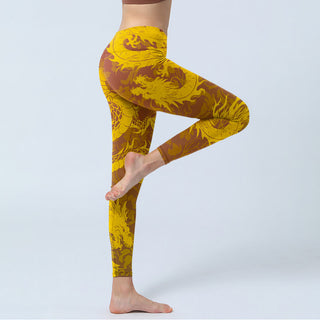 Buddha Gift Golden Dragon Flowers Print Gym Leggings Women's Yoga Pants