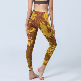 Buddha Gift Golden Dragon Flowers Print Gym Leggings Women's Yoga Pants