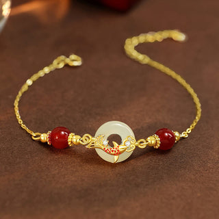 Buddha Gift Natural Hetian Jade 925 Sterling Silver Plated Gold Red Agate Beads Koi Fish Peace Buckle Luck Bracelet