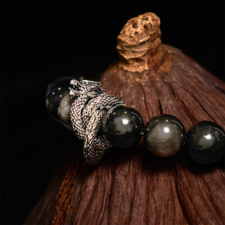 Buddha Gift Silver Sheen Obsidian Dragon Protection Bracelet