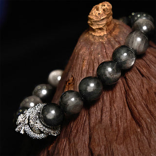 Buddha Gift Silver Sheen Obsidian Dragon Protection Bracelet