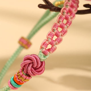 Buddha Gift Handmade Pink Green Peach Blossom Knot Braided Bracelet