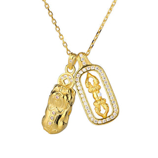 Buddha Gift 999 Sterling Silver Golden Pixiu Copper Coin Vajra Wealth Necklace Pendant