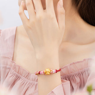 Buddha Gift Handmade 999 Sterling Silver Fortune Cat Ingot Peach Blossom Luck Red Rope Bracelet