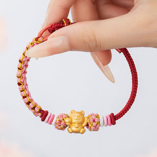 Buddha Gift Handmade 999 Sterling Silver Fortune Cat Ingot Peach Blossom Luck Red Rope Bracelet