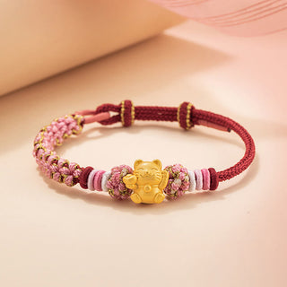 Buddha Gift Handmade 999 Sterling Silver Fortune Cat Ingot Peach Blossom Luck Red Rope Bracelet