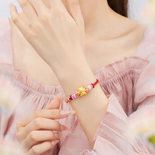 Buddha Gift Handmade 999 Sterling Silver Fortune Cat Ingot Peach Blossom Luck Red Rope Bracelet