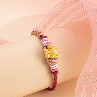 Buddha Gift Handmade 999 Sterling Silver Fortune Cat Ingot Peach Blossom Luck Red Rope Bracelet