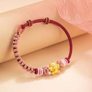 Buddha Gift Handmade 999 Sterling Silver Fortune Cat Ingot Peach Blossom Luck Red Rope Bracelet