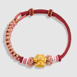 Buddha Gift Handmade 999 Sterling Silver Fortune Cat Ingot Peach Blossom Luck Red Rope Bracelet