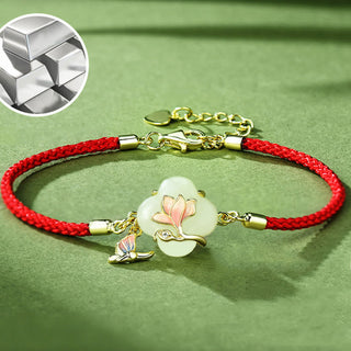 Buddha Gift 925 Sterling Silver Hetian Jade Magnolia Flower Butterfly Luck Chain Bracelet