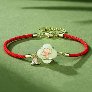 Buddha Gift 925 Sterling Silver Hetian Jade Magnolia Flower Butterfly Luck Chain Bracelet