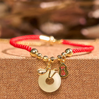 Buddha Gift Copper Plated Gold Jade Peace Buckle Fu Character Year Of The Snake Red String Luck Bracelet