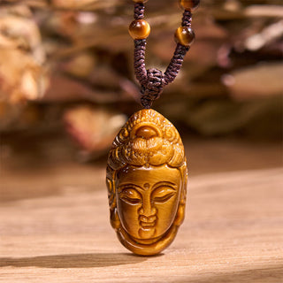 Buddha Gift Tiger Eye Kwan Yin Avalokitesvara Head String Strength Necklace Pendant