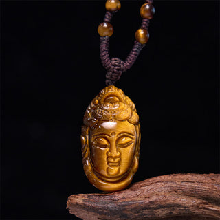 Buddha Gift Tiger Eye Kwan Yin Avalokitesvara Head String Strength Necklace Pendant