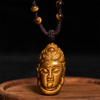 Buddha Gift Tiger Eye Kwan Yin Avalokitesvara Head String Strength Necklace Pendant