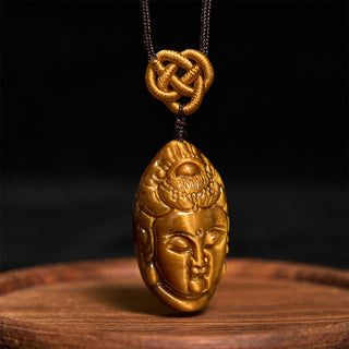 Buddha Gift Tiger Eye Kwan Yin Avalokitesvara Head String Strength Necklace Pendant