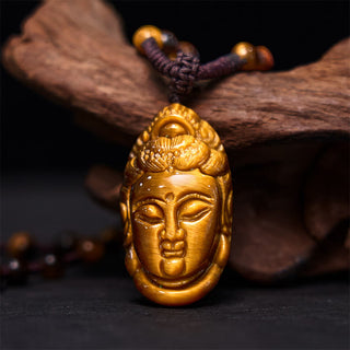 Buddha Gift Tiger Eye Kwan Yin Avalokitesvara Head String Strength Necklace Pendant