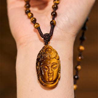 Buddha Gift Tiger Eye Kwan Yin Avalokitesvara Head String Strength Necklace Pendant