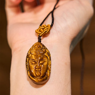 Buddha Gift Tiger Eye Kwan Yin Avalokitesvara Head String Strength Necklace Pendant