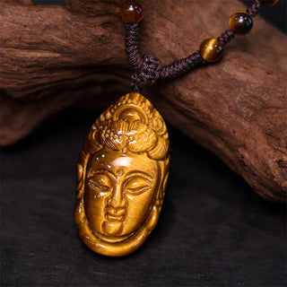 Buddha Gift Tiger Eye Kwan Yin Avalokitesvara Head String Strength Necklace Pendant