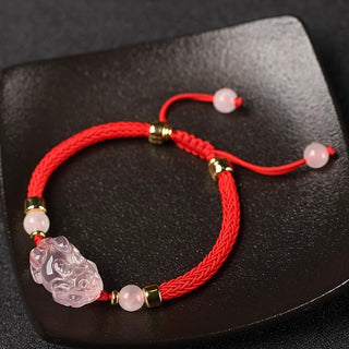 Buddha Gift PiXiu Pink Crystal Wealth String Braided Bracelet