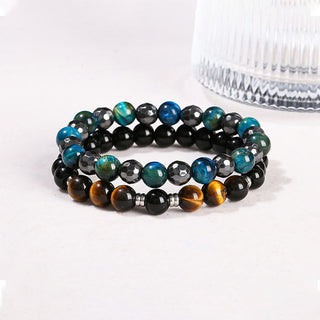 Buddha Gift 2Pcs Hematite Tiger Eye Blue Tiger Eye Powerful Bracelet Set