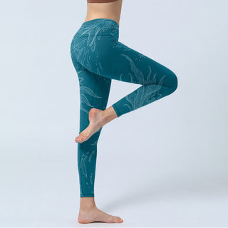 Buddha Gift Blue Koi Fish Flowing Waves Print Gym Leggings Women's Yoga Pants