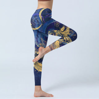 Buddha Gift Blue Koi Fish Auspicious Clouds Print Gym Leggings Women's Yoga Pants