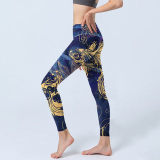 Buddha Gift Blue Koi Fish Auspicious Clouds Print Gym Leggings Women's Yoga Pants